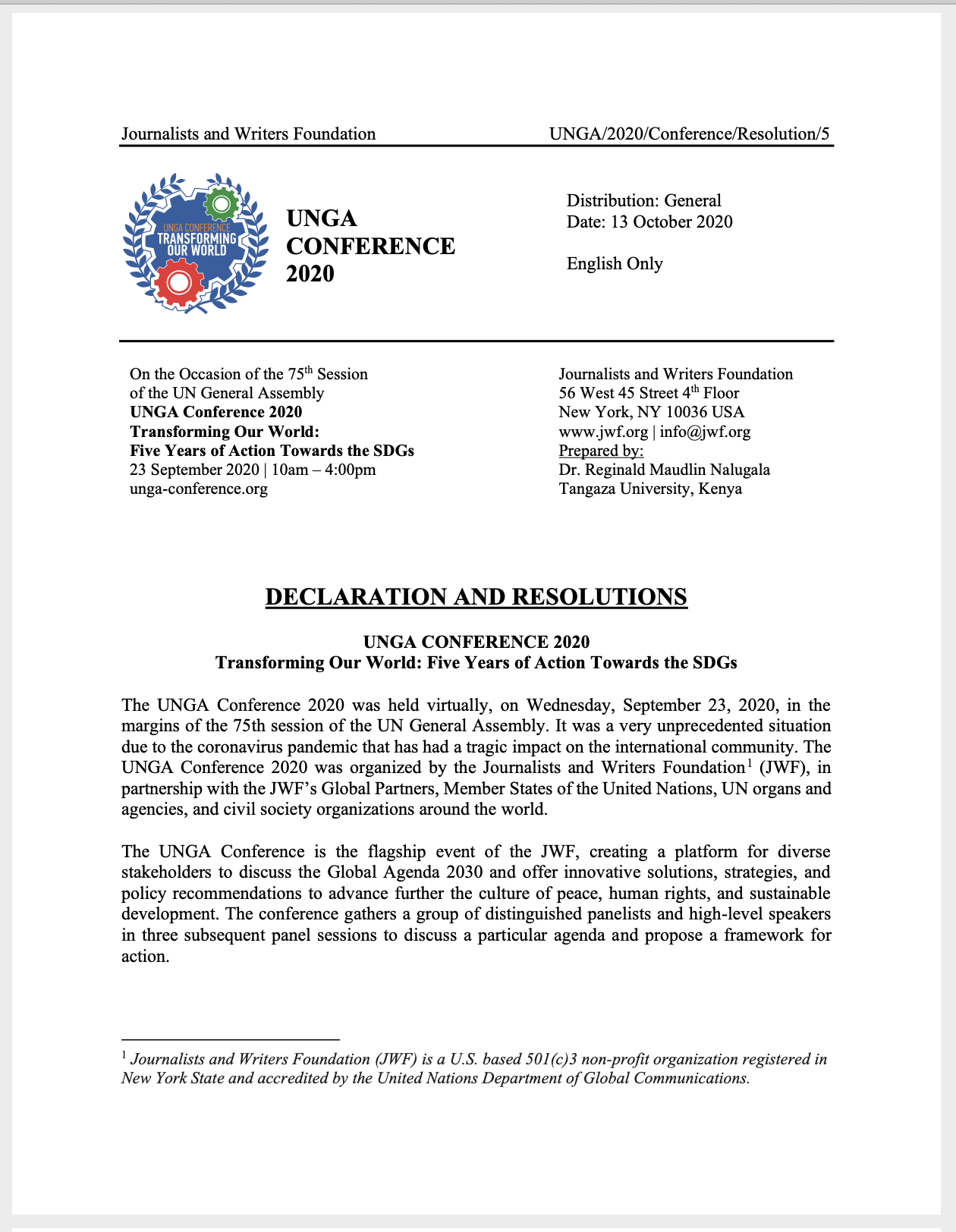 Declaration & Resolution UNGA Conference