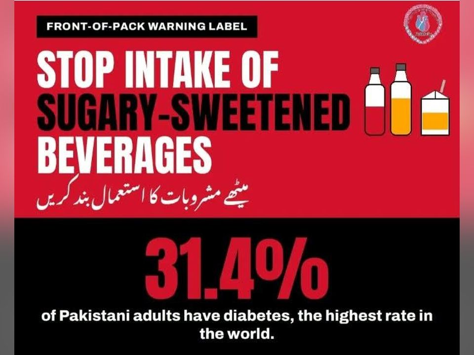 Front of pack warning label on sweetened sugary beverages and ultra-processed food
